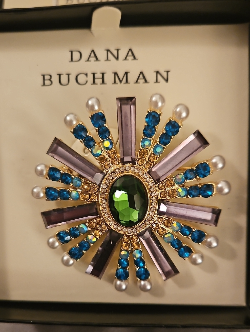 NIB Dana Buchman Green Center Multi Gem Radiant Brooch